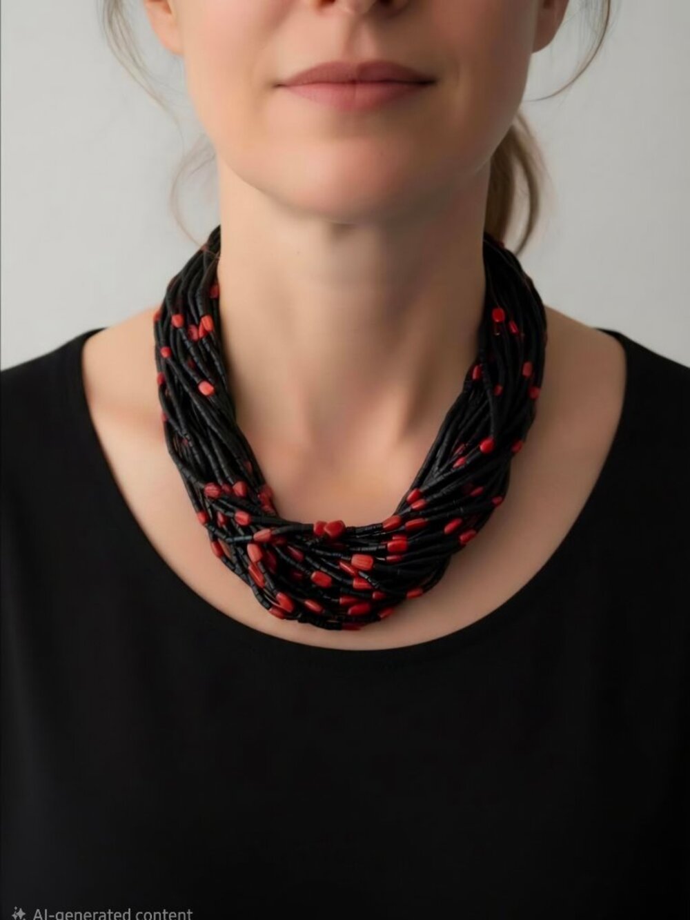 Peyote Bird 29 Strand Jet Heishi with Coral Necklace